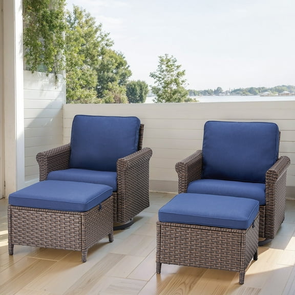 PPorfamilia Patio Sectional Furniture Set, 4 Piece Outdoor Conversation Sets with Swivel Rocking Chairs and Ottomans, Cushioned Chairs Set for Porch Balcony Backyard Deck, Navy