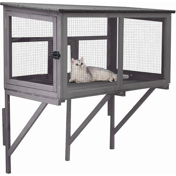 MEDEHOO Outdoor Cat Enclosure & Window Perch - High Density Wire Mesh, PVC Back Door, Bug-Proof (39.4" L × 22.8" W × 43.4" H)