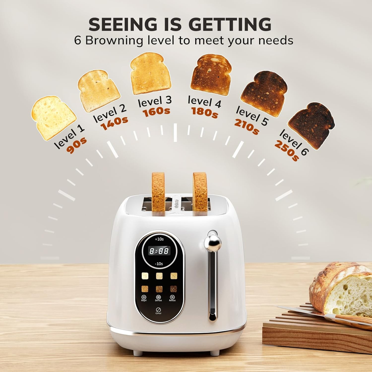 Smart Touch Screen Toaster 2 Slice, Retro Wide Slot Stainless Steel Toaster with 6 Browning Levels, Reheat & Defrost, for Bagel, Toast, Bread, Removable Crumb Tray, Black