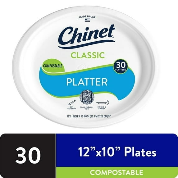 Chinet Classic® Premium Disposable Paper Platters, White, 12 ⅝ x 10", 30 Count - 2 Packs (60 ct Total)
