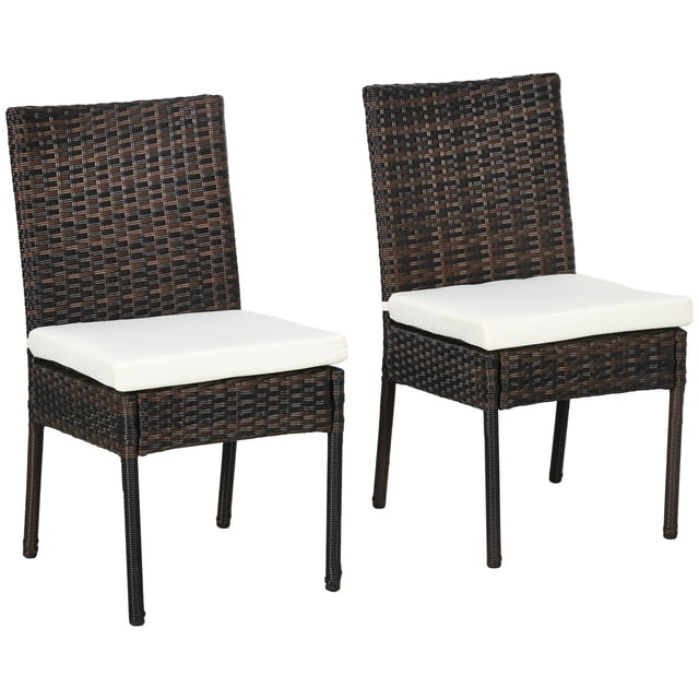 Set of 2 Brown PE Rattan Outdoor Dining Chairs with Cushions, High Back Wicker Patio Chairs with Metal Frame for Garden, Balcony, Lawn and Poolside, 34.6" H, 17.3" W