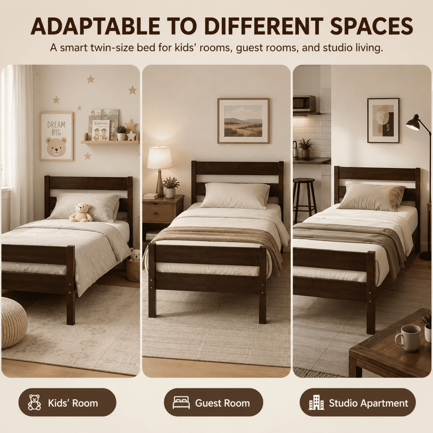 Miniyam Twin Bed Frame, Solid Rubber Wood Platform Bed with Headboard and Footboard, Espresso