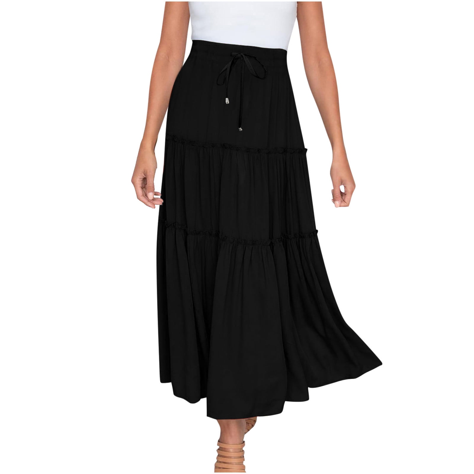 Hoksml Maxi Skirt Fashion Women Solid Casual Ruched Ruffles Elastic Waist Skirts Summer Skirts Clearance Black