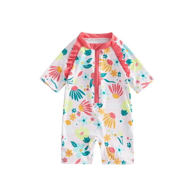 Gupgi Toddler Girls Rash Guard Floral Swimsuits 12 18 Months 2 3 4 5 Years Kids One Piece Swimwear Summer Short Sleeve Ruffle Bathing Suit