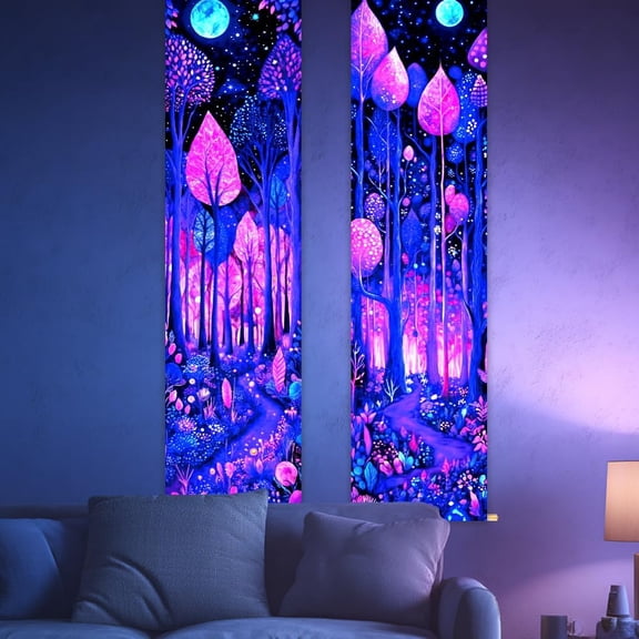 2 Pack Blacklight Forest Tapestry Glow in the Dark Tapestry UV Reactive Moonlit Forest Wall Hanging 12.9×51 Inch with Ropes Wooden