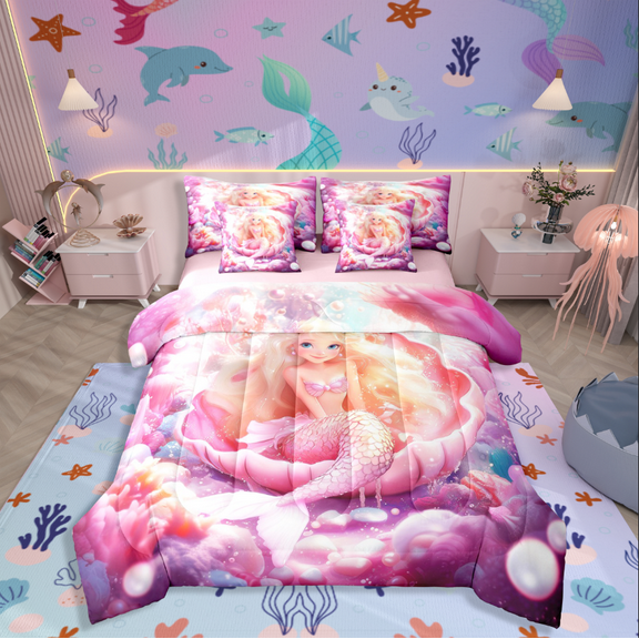 Manfei Princess Mermaid 7-Piece Twin Bedding Sets,Underwater World Bedding Comforter Set,Ocean Theme Breathable Sheet Sets,Ultra Soft Marine Home Decor,Reversible
