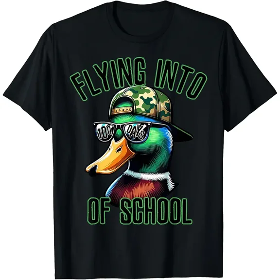 Flying Into 100 Days of School Funny Camo Duck Hunting Boys T-Shirt
