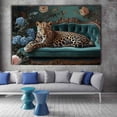 thumbnail image 5 of Mudket Leopard on Carved Green Sofa with Blue Hydrangea Canvas Wall Art, French Luxury Canvas Art for Living Room Bedroom Print for Home Decor , Framed Ready to Hang - 12"L x 8"W, 5 of 9