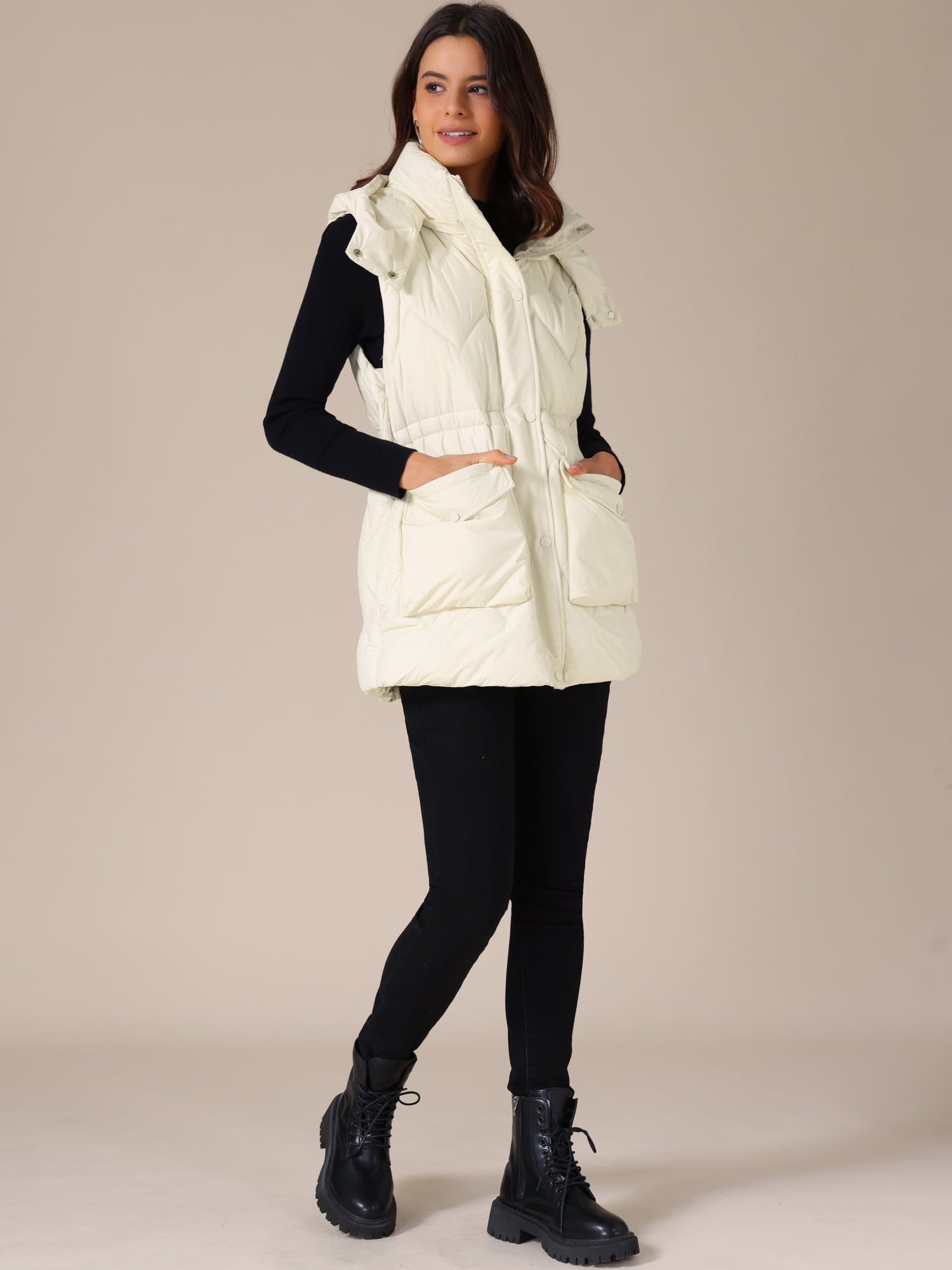 DARING DIVA Women's Puffer Vest Coat Hooded Zip Up Long Sleeveless Jacket S White