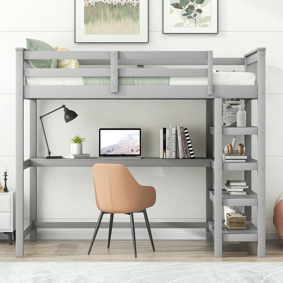 EUROCO Wood Twin Size Loft Bed with Desk for Kids Teens, Gray