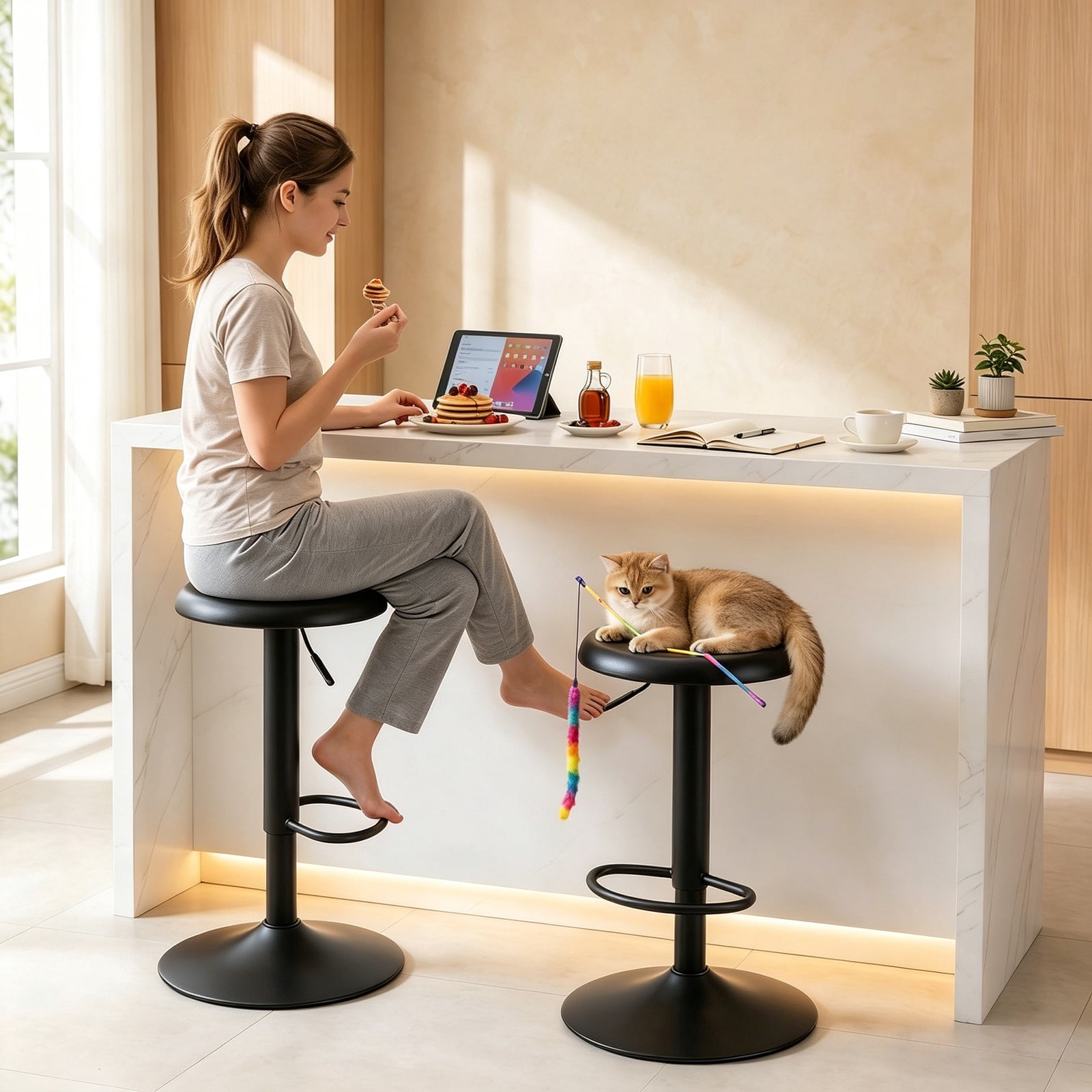 Single Black Bar Stool, Adjustable 360° Swivel Counter Height Bar Stool, Industrial Backless Metal Bar Chair for Kitchen Island with Footrest