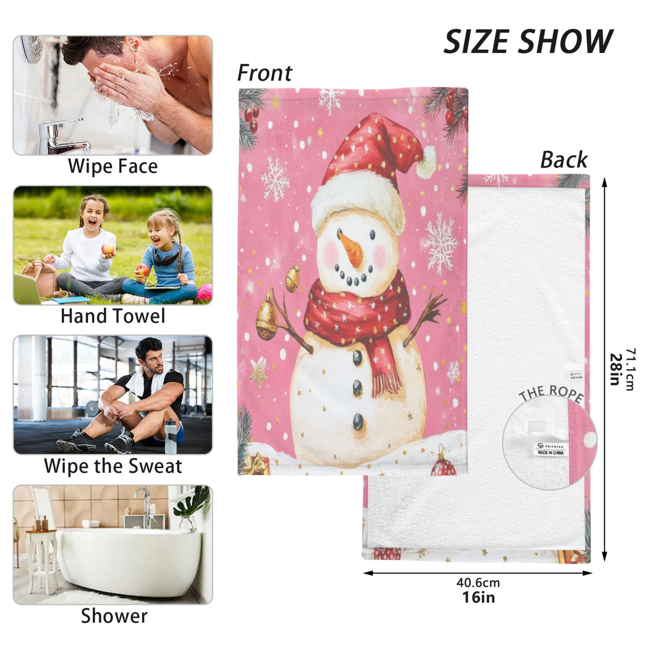 Cotton Towel Two-Piece 16x28 Inch One Sizex2 Face Towel Set Towel Set Cotton Hand Bath Towel Bathroom Beach Pink Christmas Lovely Snowman