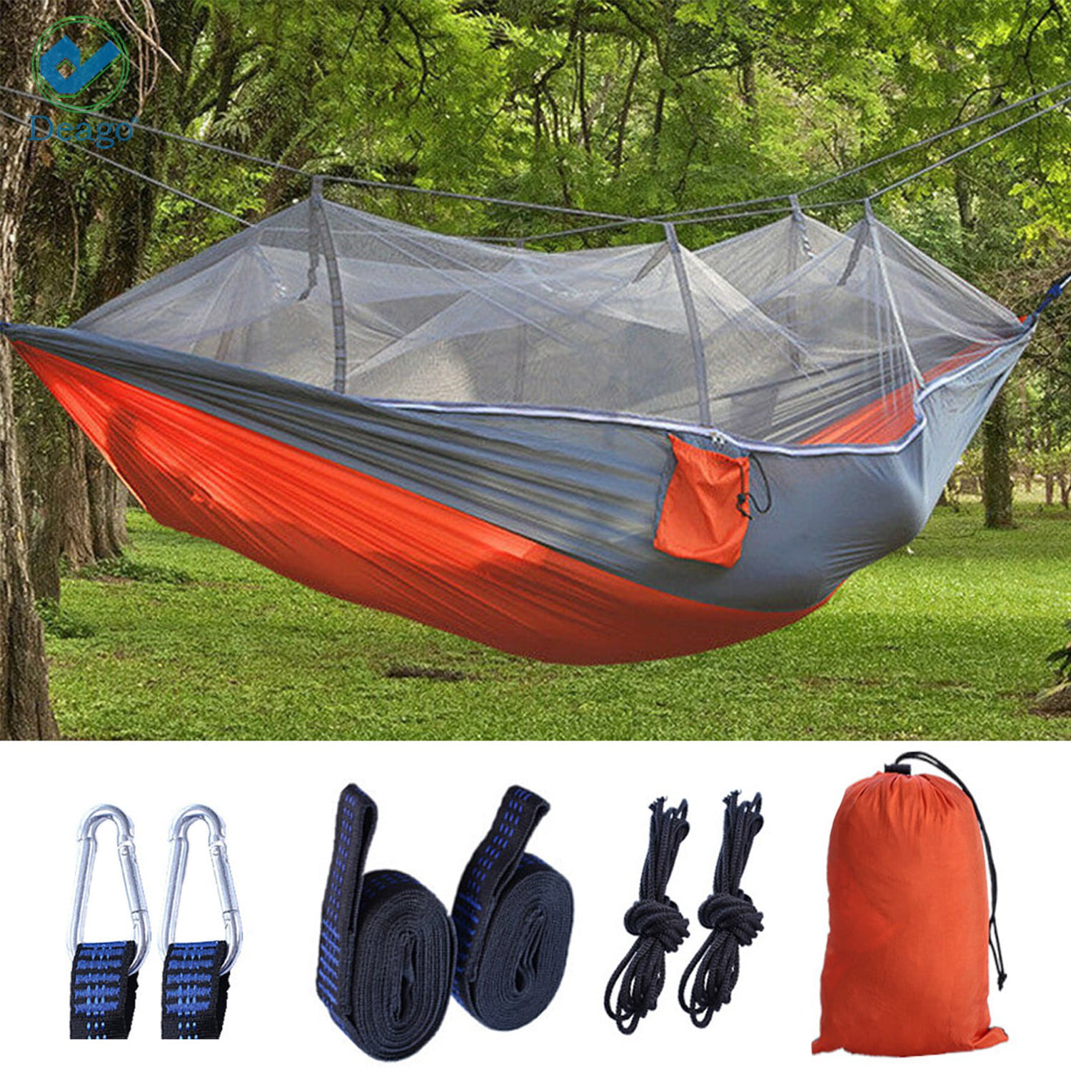 Camping Hammock With Mosquito Net Orange For Outdoor Hiking Backpacking Travel