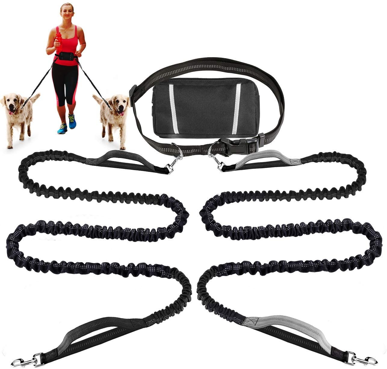 Hands Free Dog Leash Retractable Bungee Dog Running Waist Pouch Leash for Running with Poop Bag Holder,Dog Neck Protector for Small Medium Large Dog 