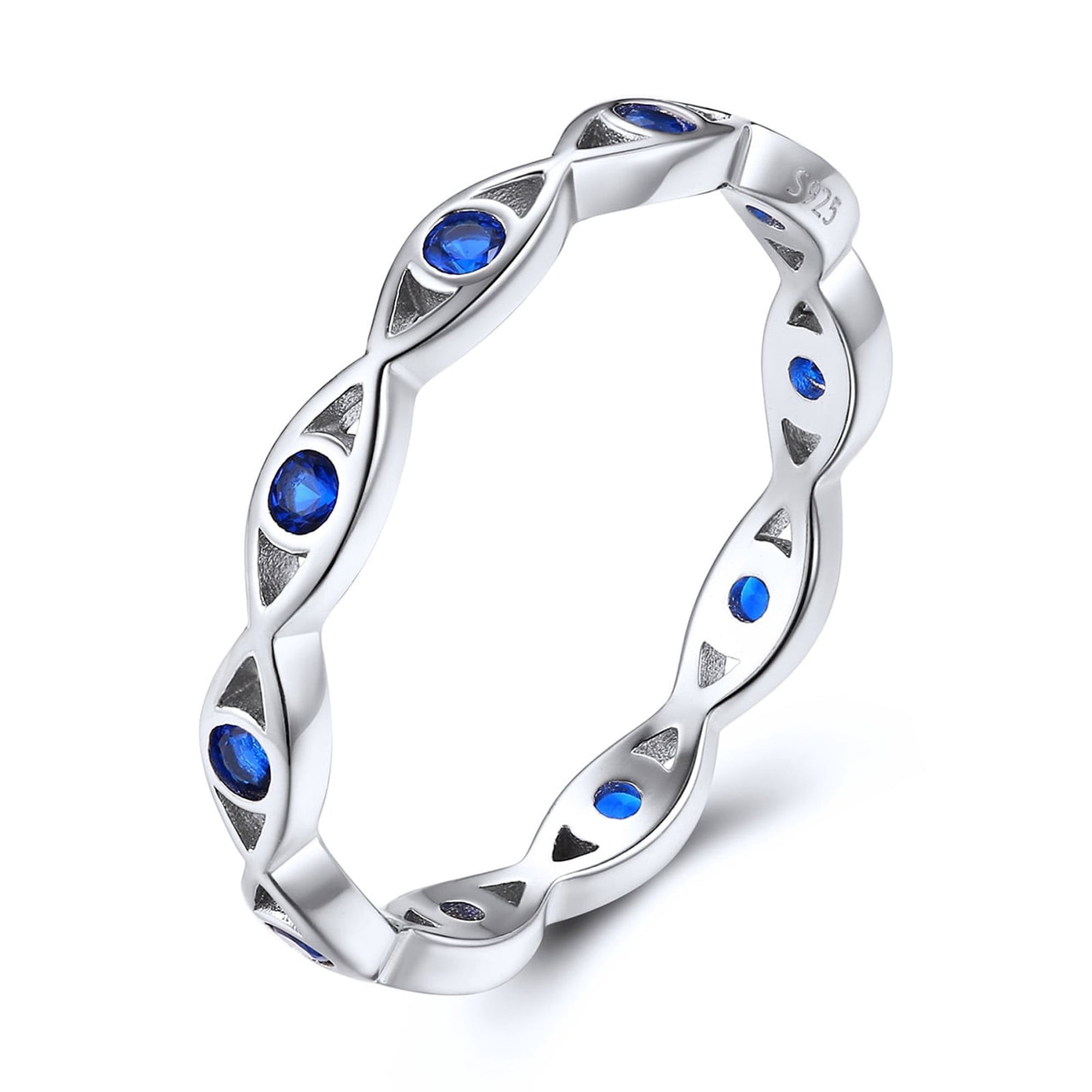 FOCALOOK 925 Sterling Silver Ring for Women Stackable Evil Eye Band Rings with Blue Cubic Zirconia Braided Engagement Promise Statement Ring Size 8