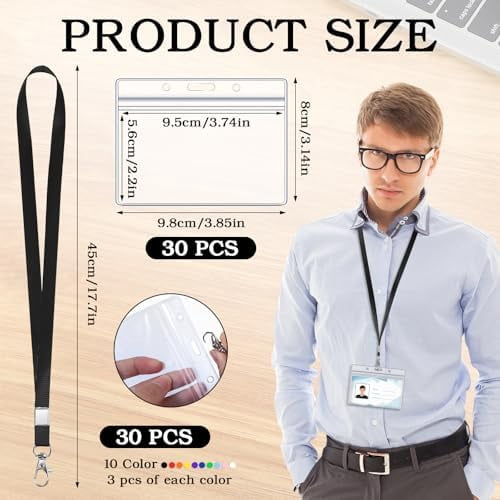 30 Pack Name Tag Lanyards with Id Holder, Clear Plastic Horizontal Name Tags Holders and Black Badge Lanyards with ID Holder for School Office Team Workers Volunteers (Multicolor)