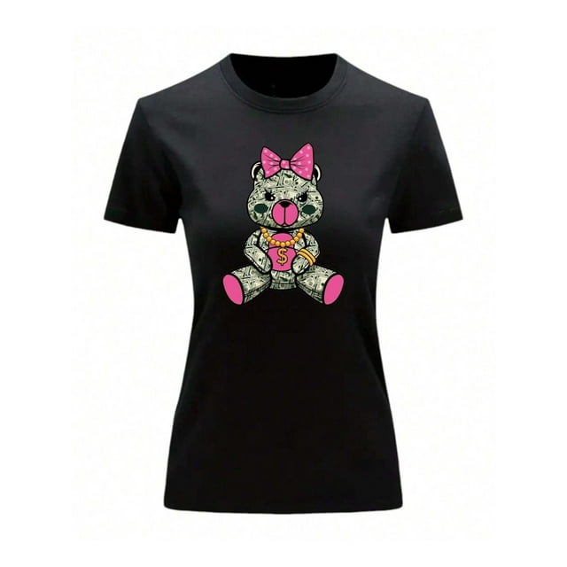 Playera Blusa De Osita Con Dolares Ropa De Mujer Juvenil Oso Dinero Color Negro Talla Grande Marca Emil SaEs