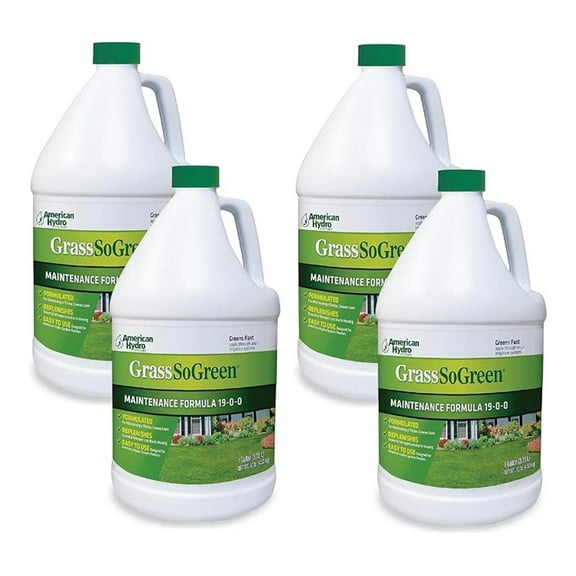 American Hydro Systems GrassSoGreen Maintenance Formula, Grass and Landscape Fertilizer, 1 Gallon Bottles (4 Pack)
