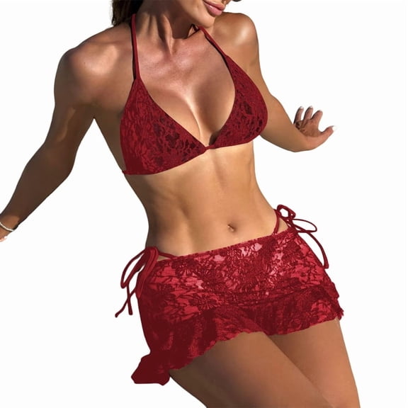 Lace Bikini with Mini Skirt, Halter Triangle Backless for Tan Through, 3 Piece Swimsuits for Women Red S