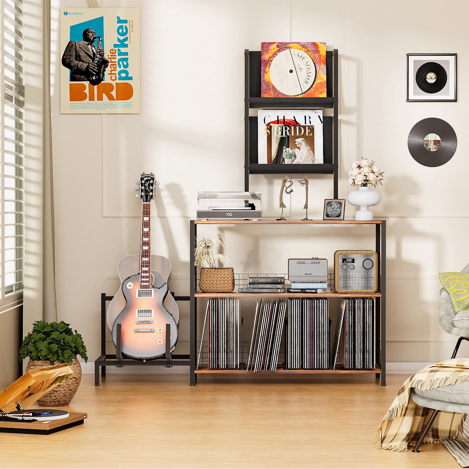 Vinyl Record Player Stand with Guitar Stand, Record Player Table with RGB LED Light, Record Player Cabinet with Vinyl Storage Holds up to 300+ Albums, Vinyl Player Stand for Home Use (Brown)