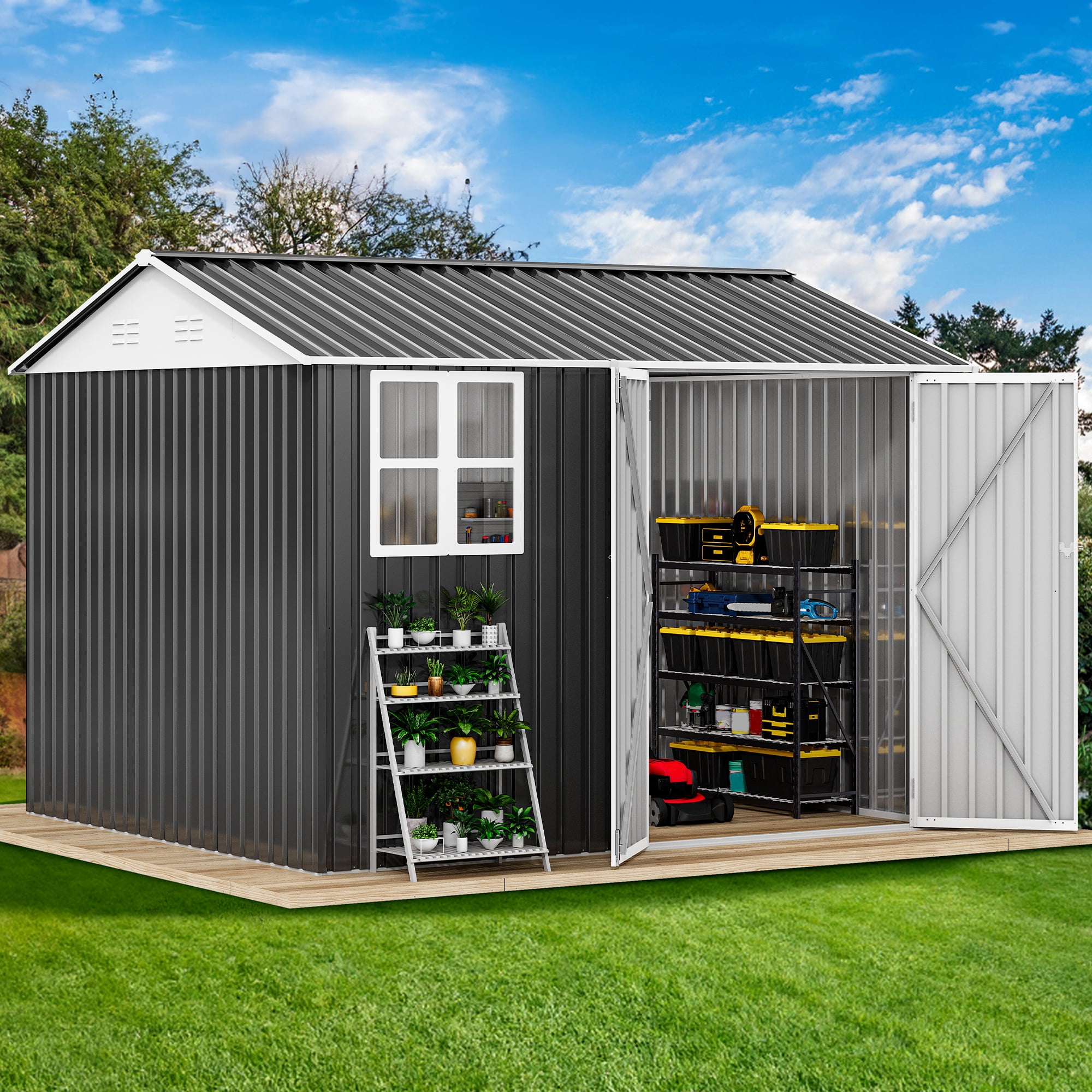 Uforic 10' x 8' Outdoor Storage Shed, Waterproof Metal Shed with Windows, Lockable Doors Gray/White