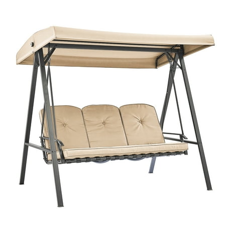 Barton Outdoor Patio 3 Seater Adjustable Canopy Bench Swing Chair with Cushion Seating Beige