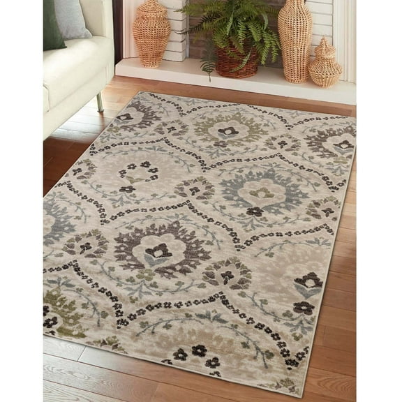 BNM Vintage Floral Damask Indoor Area Rug, 7' x 9', Beige-Brown