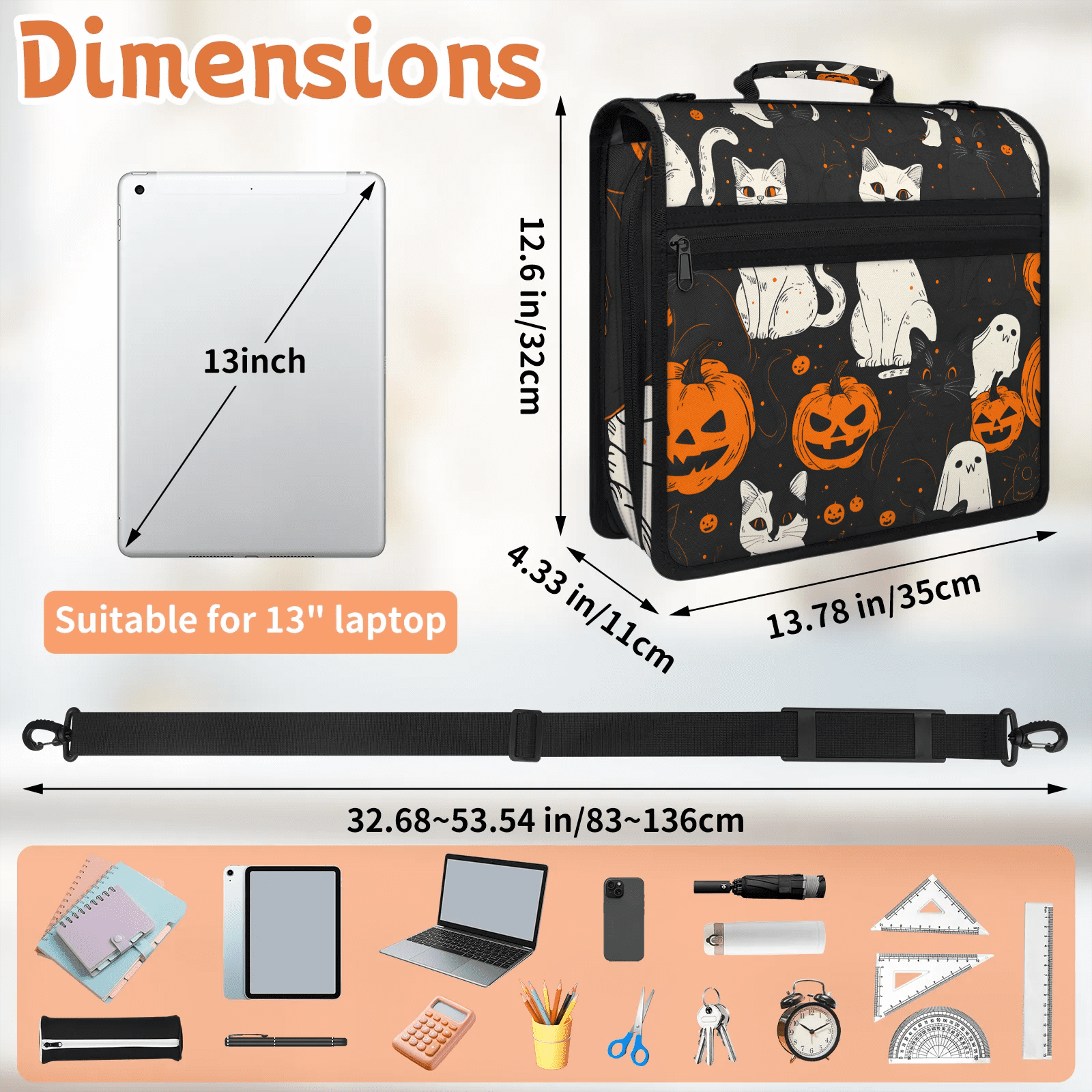 Herdesigns Halloween Pumpkin Zipper Binder 1.5 Inch 3 D-Rings with Shoulder Strap & Handle, Waterproof Black White Cat Binder Organizer Bag for 13 Inch Laptop