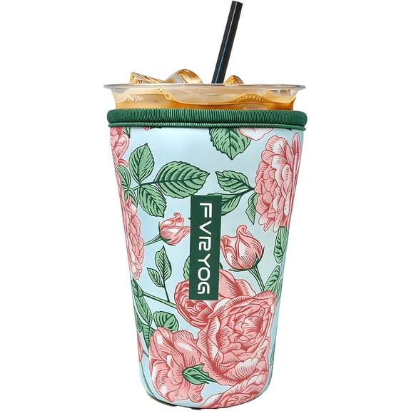 Reusable Insulated Neoprene Iced Coffee Sleeves for Iced Coffee Cups, Coffee Coolies sleeves for Iced & Hot Drinks Pink Rose on Mint Green,L(32oz)