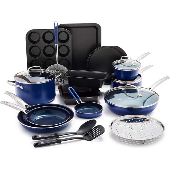 20 Piece Nonstick Cookware Set, Diamond Ceramic Pots & Pans, Dishwasher & Metal Utensil Safe, Non Toxic PFAS-Free, Kitchen Cooking Sauce & Saute Pans, Oven & Broiler to 600F, Blue