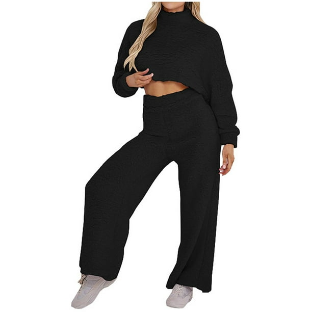Conjunto de dos piezas para mujer, suave, sólido, de manga larga, cuello redondo, polar, cálido, otoño, Tops, pantalones largos de cintura alta, pantalones, traje informal Wmkox8yi bvn1824