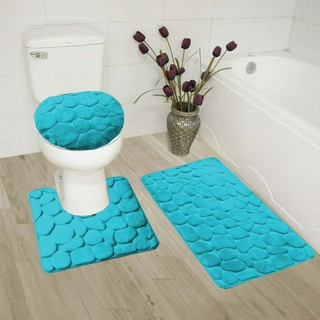 Set Bathroom TURQUOISE 3-Piece Rock Memory Foam Bathroom Mat Set, Flannel Embossed Rug 19