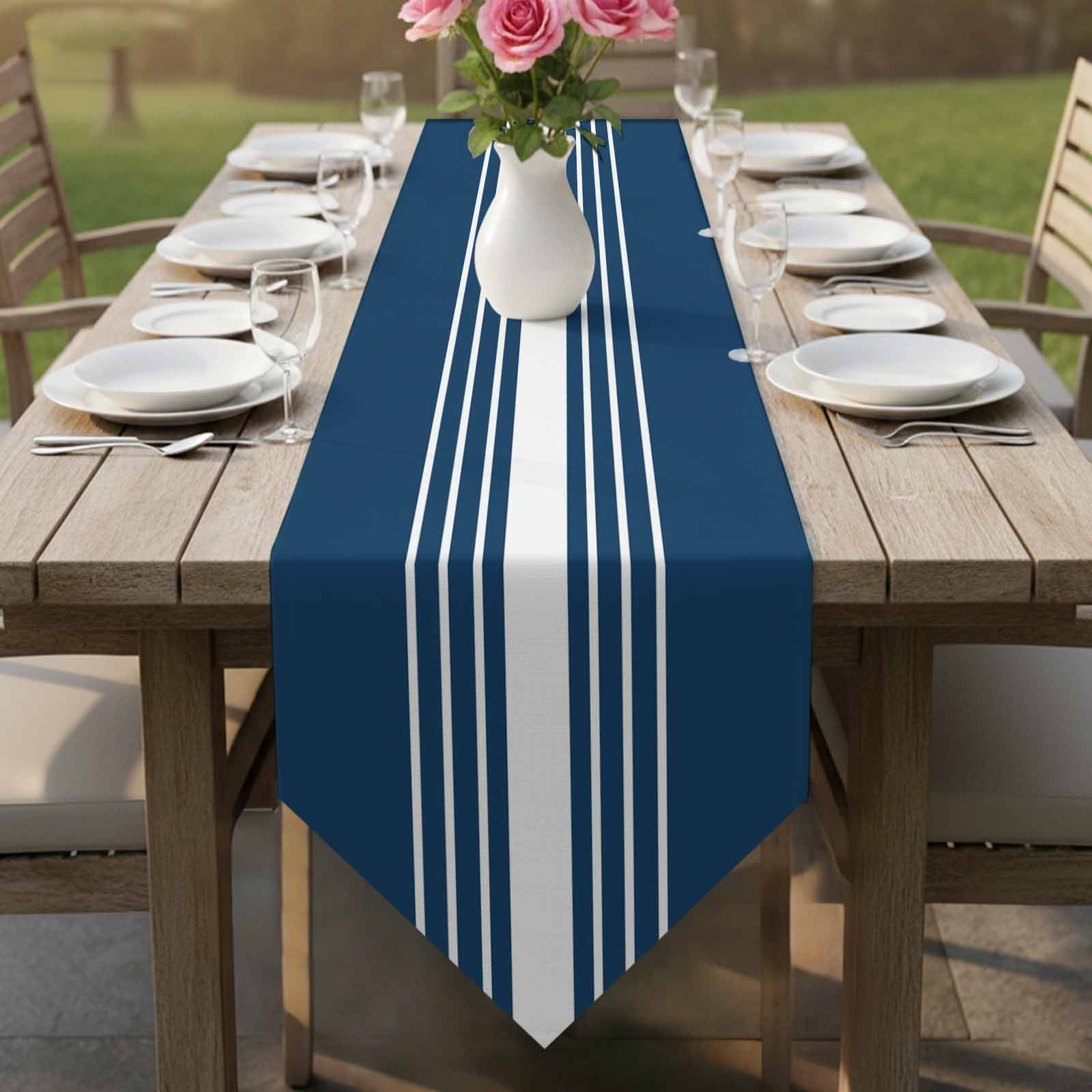 Navy Blue White Stripe Table Runner Linen Burlap Table Runner 90 Inches Long Modern Rustic Vertical Striped Dresser Scarves for Kitchen Island Coffee Dining Room Party Holiday Decoration 13"x90"