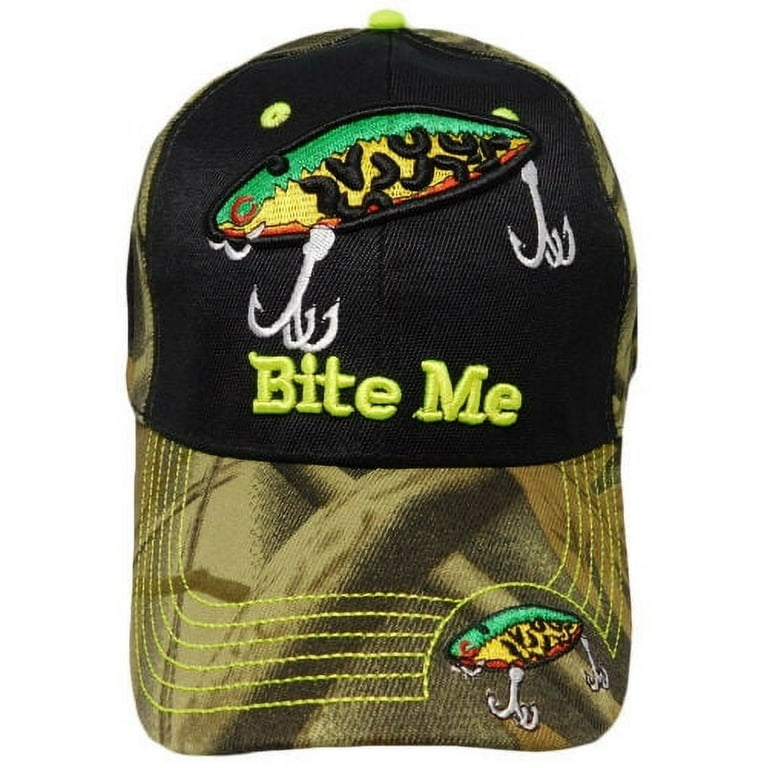 Bite Me Fishing Lure Fish Bass Black Front Camouflage Back Embroidered Cap  Hat