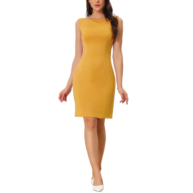 Vestido de mujer sin mangas de corte ajustado Inspire Chic, con cuello barco, vestido para el trabajo, amarillo, talla S
