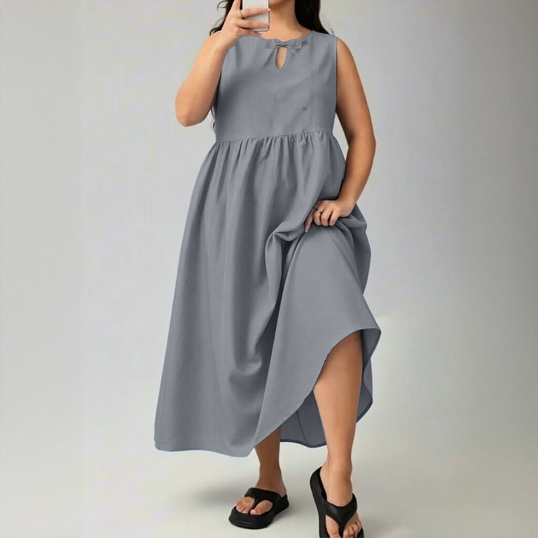high low empire waist dress Women's Cotton Maxi Dress Ihhxva Plus Size Flowy Summer Loose Fit Tie Neck  High-Low Casual Beach Boho Empire Waist A-Line Midi Length L-5XL