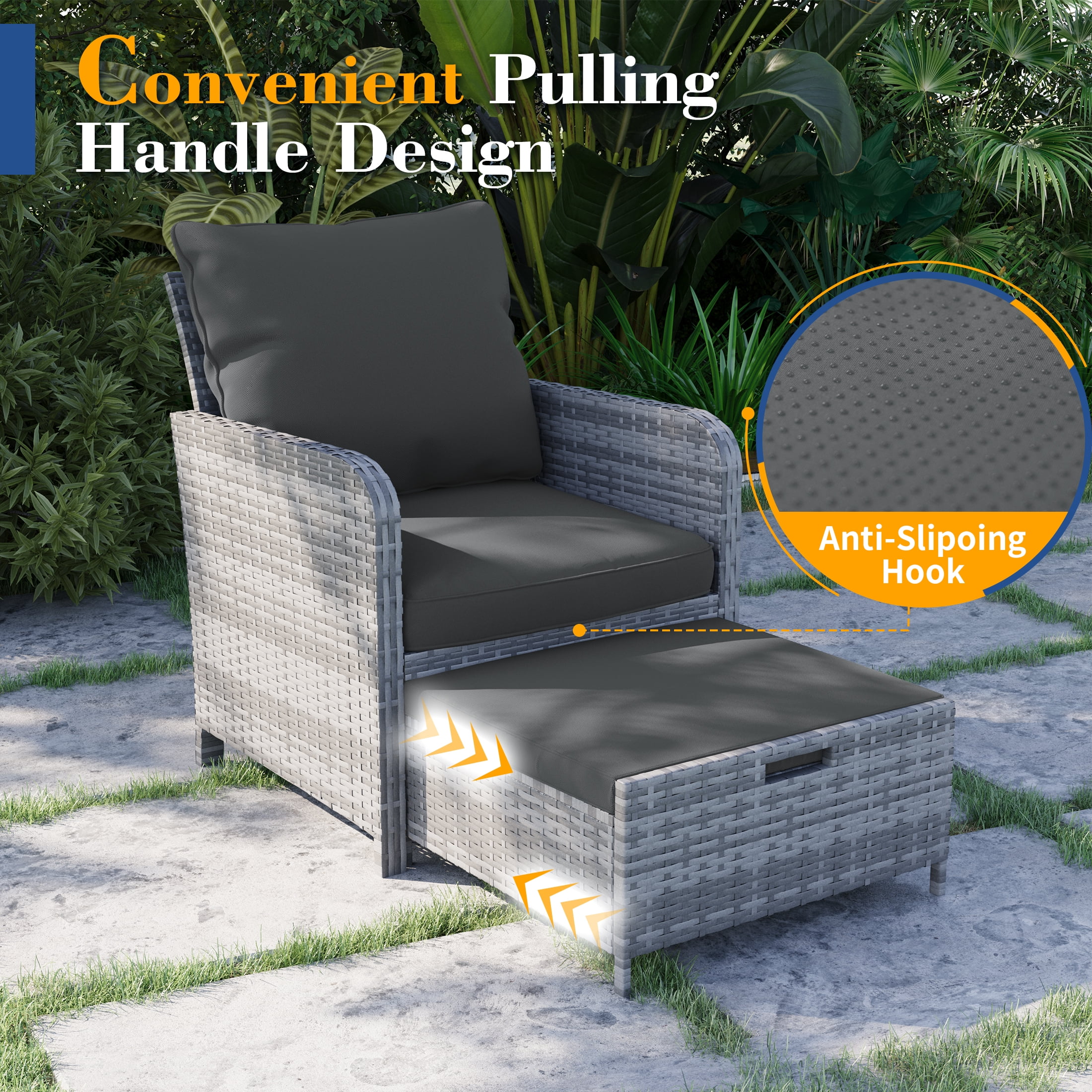 Poteban Gray Rattan Outdoor Seating 5-Piece Set,Outdoor Patio Chair with Ottoman for Front Porch Deck,Wicker Lounge Chair with Side Table,Grey