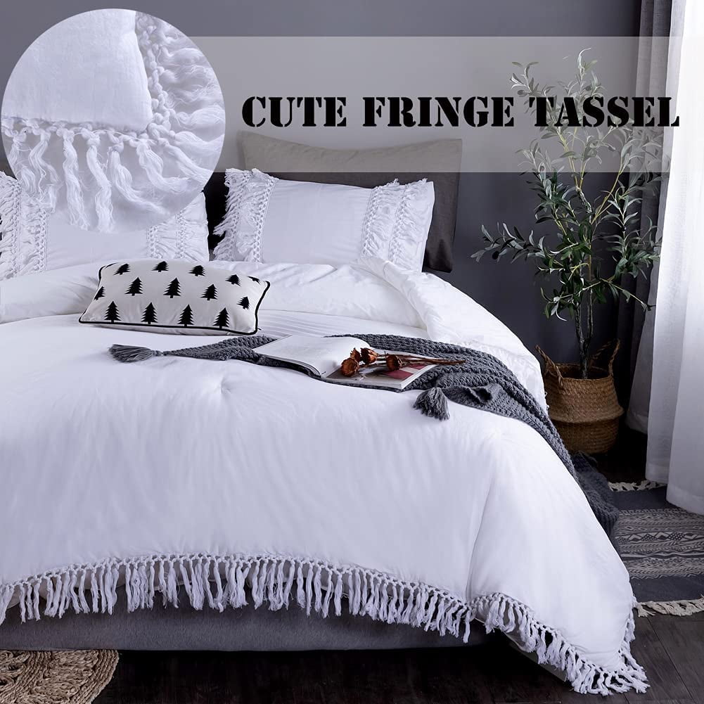 Plain Duvet Quilt Cover Bedding Set with Chunky Tassel Trim & Fringe in 2 colour 