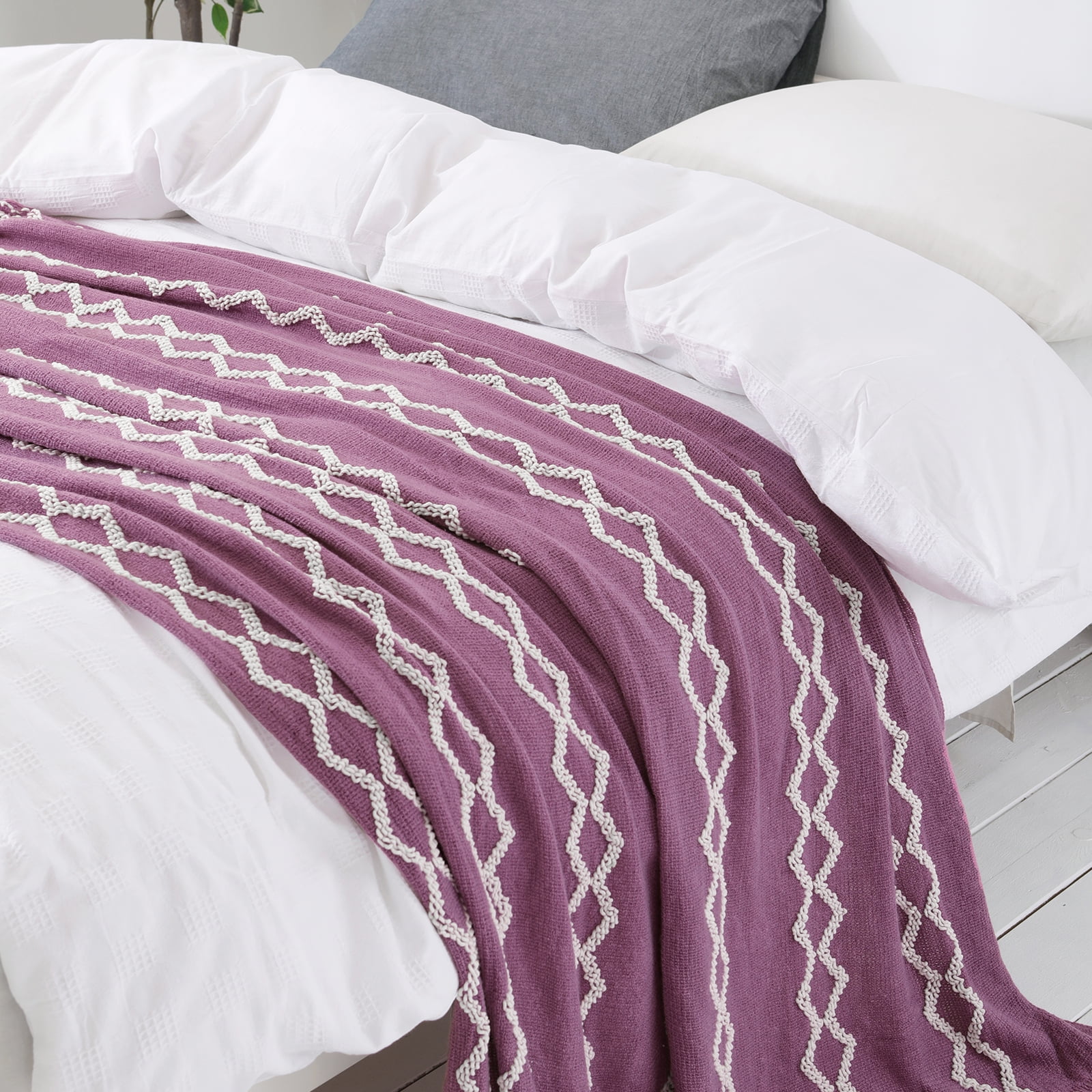 Bourina Fluffy Chenille Knitted Fringe Throw Blanket, Lightweight Soft Cozy Bed Sofa Chair Blanket, Deep Purple, 50" x 60"For Adults