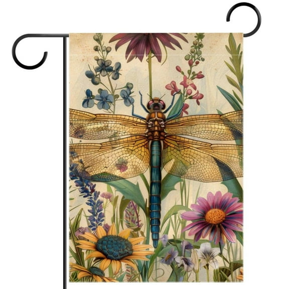 Dragonfly Colorful Wildflowers Herbs Antique Pattern Double Sided Garden Flag Decorative Weather Resistant Yard Flag, Large DIY Vertical Flag for Farmhouse Patio Lawn, 28x40 Inch