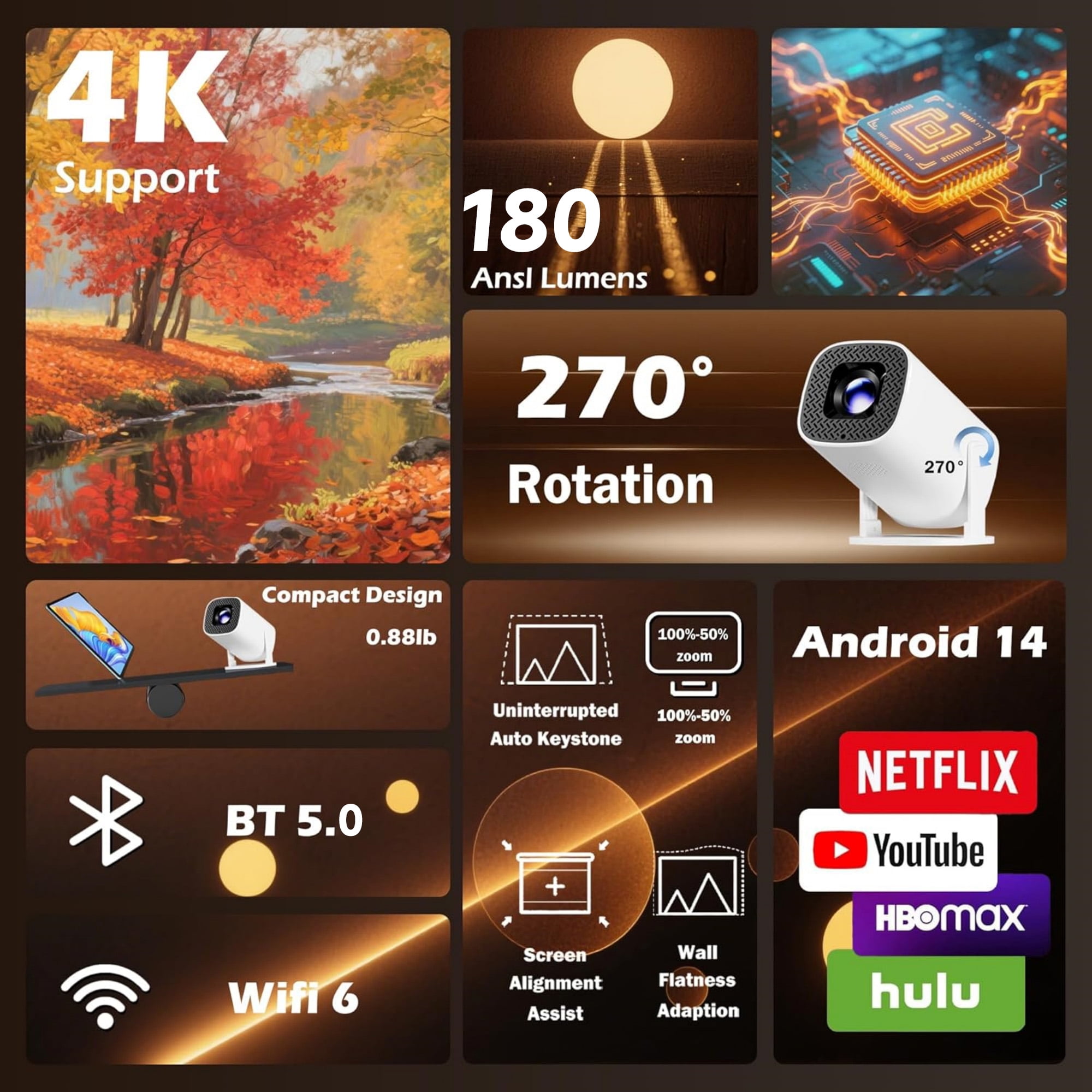 BDQ Smart 4K Mini Projector with Android 11, WiFi 6 & BT 5.0, Auto Keystone, 180° Rotatable, Portable Outdoor Movie Projector