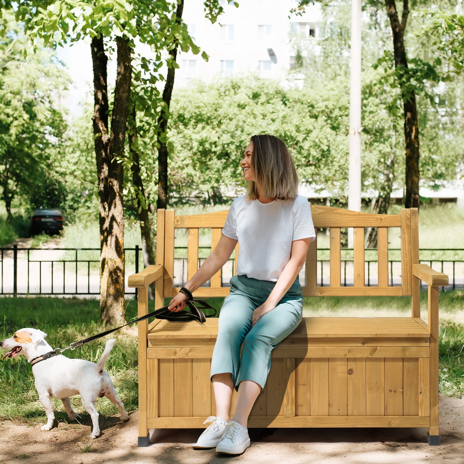 Outdoor Wooden Storage Bench, Large Deck Box with Seating & Armrest, Patio Organizer Loveseat for Garden Porch Deck Backyard Poolside