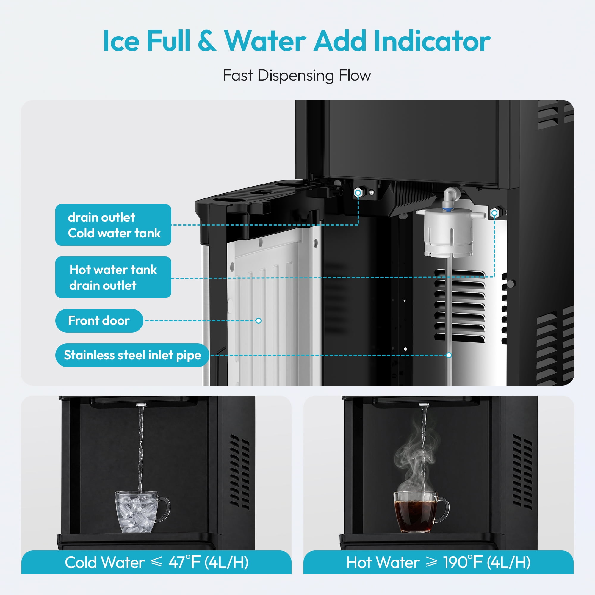 EUHOMY 4-in-1 Water Dispenser with Ice Maker, Cold Hot & Room Temperature Water, Child Safety Lock, Compatible with 3–5 Gallon Bottles for Home/Office, Black and Silver