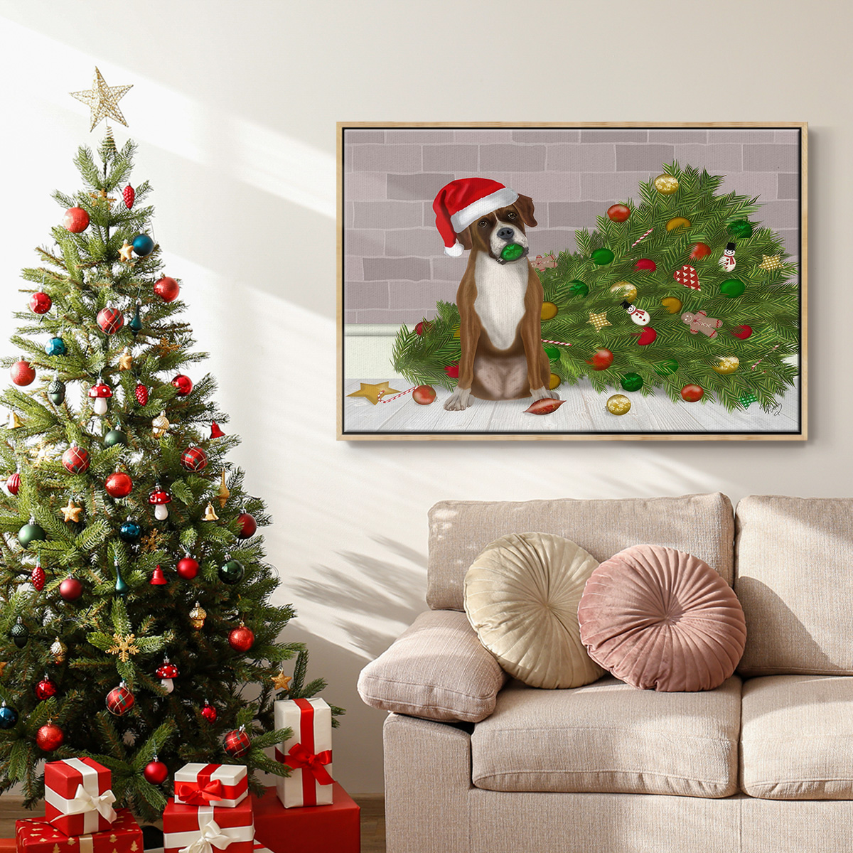 Christmas Boxer and Broken Christmas Tree - Framed Gallery Wrapped Holiday Canvas - 17 x 25 - Natural Wood Frame
