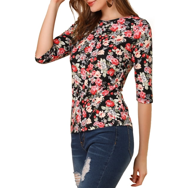 Disfraz de Día de San Patricio para mujer Allegra K Camiseta ajustada Negro-Floral M