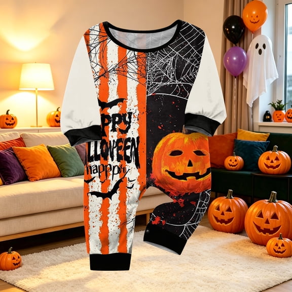 Ultra Soft Matching Family Halloween Pajamas PJs Set, Spooky Pumpkin Ghost Long Sleeve Top Pants Lounge Sleepwear Outfits