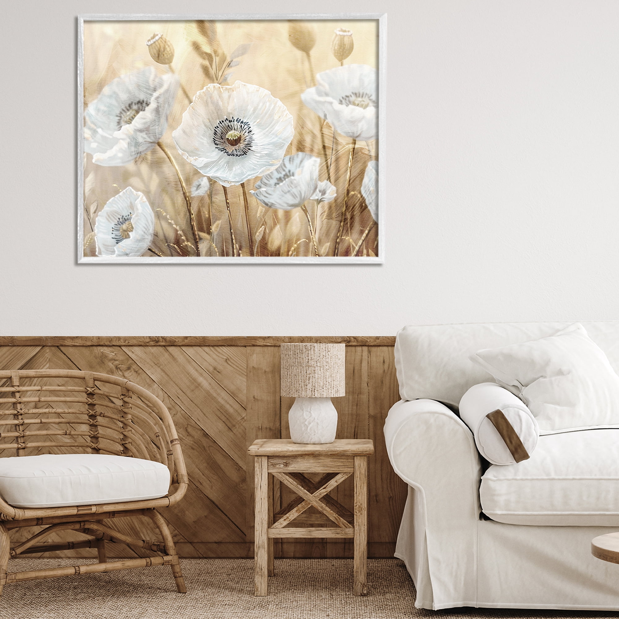 Stupell Industries White Poppies Beige Field White Framed Giclee Art, design by Kim Allen