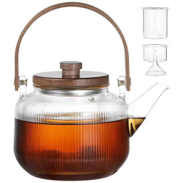 34oz Glass Stovetop Teapot, Borosilicate Glass Tea Pot with 2 Types of Removable Insufers, Heat-Resistant Tea Kettle with Wooden Lid, Tea Maker for Boiling Tea, Gas & Electric Stove Safe