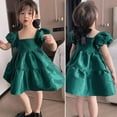 thumbnail image 2 of Filles' Style Coréen Carré Cou Manches à Bulles Doux Robe Avancée Vert, 2 of 11