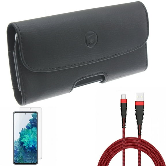 Screen Protector & 10ft USB Cable & Case Belt Clip for Samsung Galaxy S20 Fan Edition - Anti-Glare Tempered Glass   Type-C Charger Cord   Leather Holster Combo